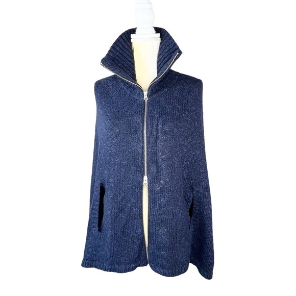 Benson Poncho Sweater Wool Cape Navy Blue Knit Size Small Turtleneck New NWT - Picture 3 of 11